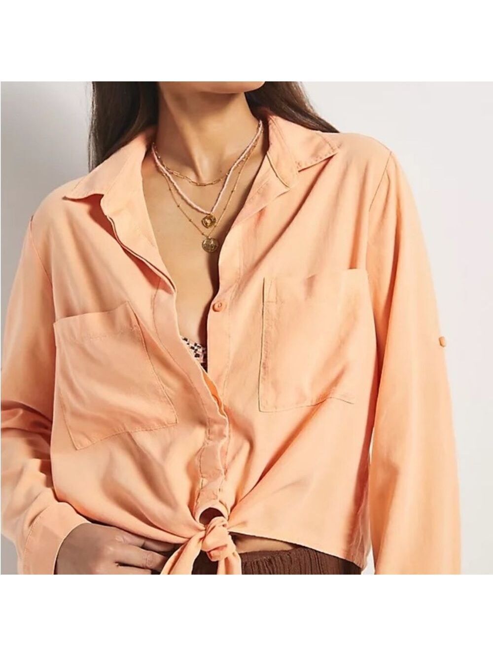 cloth & stone tencel lyocell button down tie front peach pumpkin Top S
